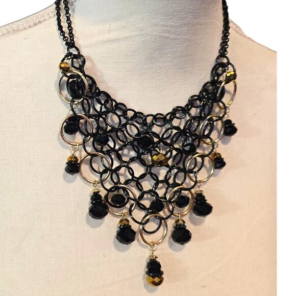Statement Bib Necklace Black Gold Tone Chainmail Beaded Dangle Faceted Beads - Picture 5 of 5
